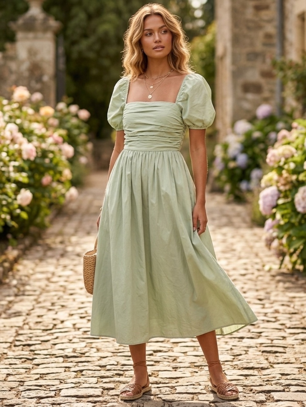 O.P.T Anthropologie Cotton Sage Green Puff Sleeve Midi Dress Pockets Women’s L